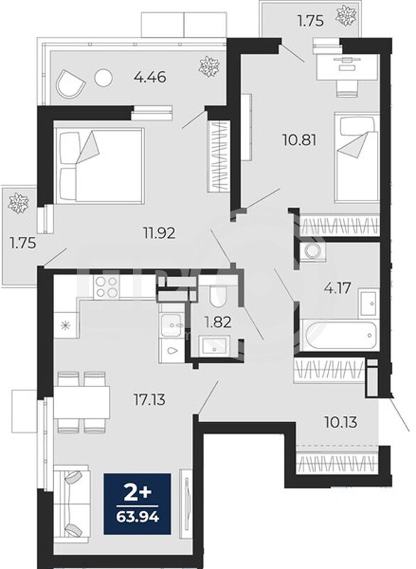 2-комнатная квартира, 63.94кв.м