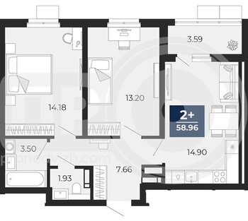Миниатюра 2-комнатная квартира, 58.96кв.м
