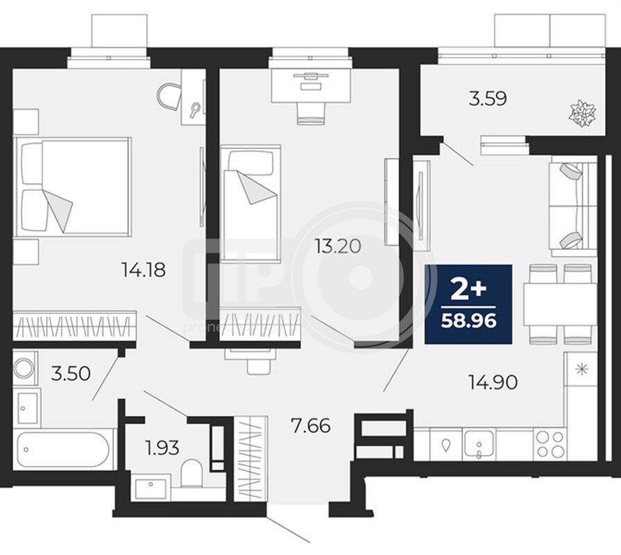 2-комнатная квартира, 58.96кв.м