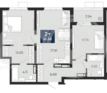 Миниатюра 2-комнатная квартира, 61.98кв.м