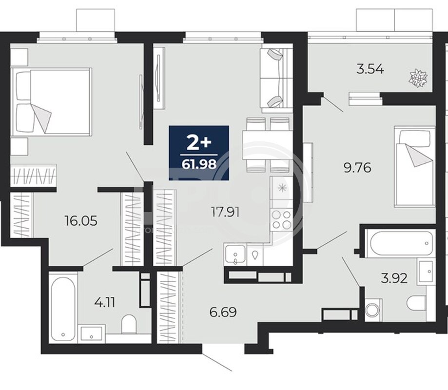2-комнатная квартира, 61.98кв.м