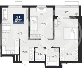 Миниатюра 2-комнатная квартира, 66.91кв.м
