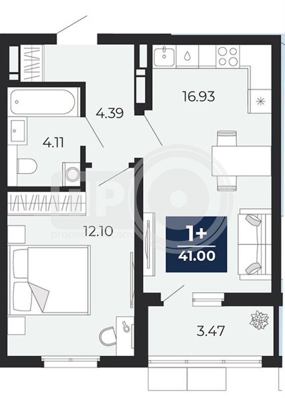1-комнатная квартира, 41кв.м