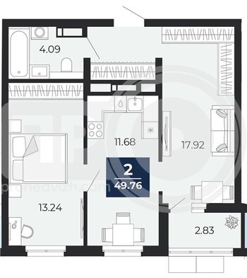 Миниатюра 2-комнатная квартира, 49.76кв.м