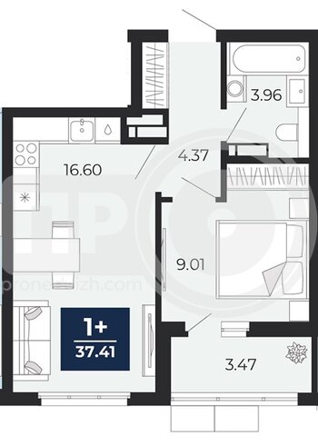 Миниатюра 1-комнатная квартира, 37.41кв.м