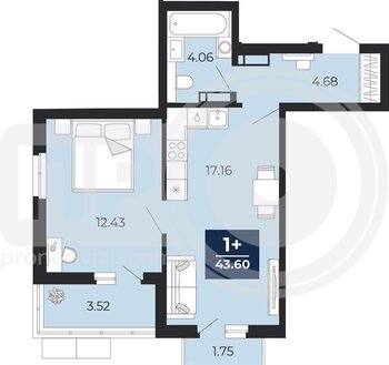 Миниатюра 1-комнатная квартира, 43.6кв.м