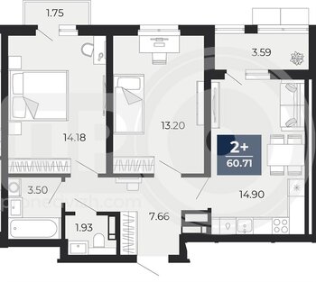 Миниатюра 2-комнатная квартира, 60.71кв.м