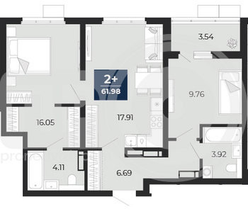 Миниатюра 2-комнатная квартира, 61.98кв.м