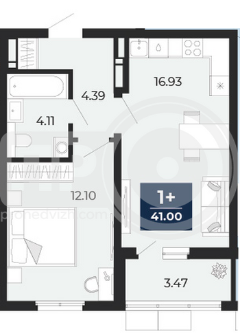 Миниатюра 1-комнатная квартира, 41кв.м