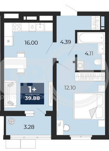 Миниатюра 1-комнатная квартира, 39.88кв.м