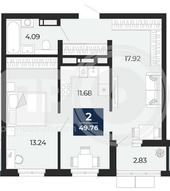 Миниатюра 2-комнатная квартира, 49.76кв.м