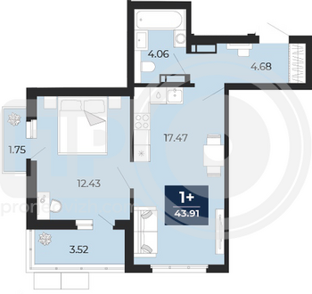 Миниатюра 1-комнатная квартира, 43.91кв.м