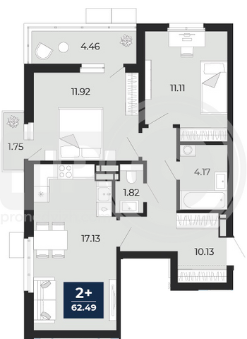 Миниатюра 2-комнатная квартира, 62.49кв.м
