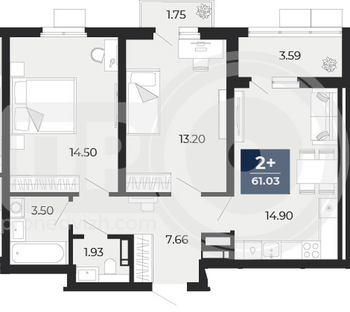 Миниатюра 2-комнатная квартира, 61.03кв.м