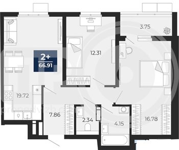 Миниатюра 2-комнатная квартира, 66.91кв.м