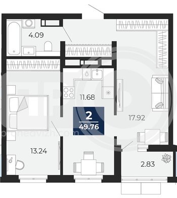 Миниатюра 2-комнатная квартира, 49.76кв.м