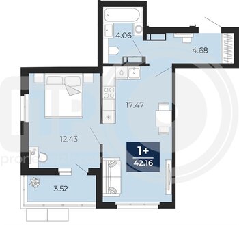 Миниатюра 1-комнатная квартира, 42.16кв.м