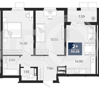 Миниатюра 2-комнатная квартира, 59.58кв.м