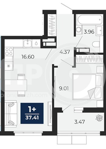Миниатюра 1-комнатная квартира, 37.41кв.м