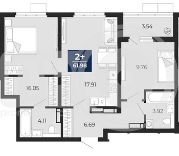Миниатюра 2-комнатная квартира, 61.98кв.м
