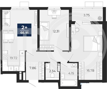 Миниатюра 2-комнатная квартира, 66.91кв.м