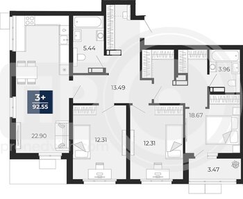 Миниатюра 3-комнатная квартира, 92.55кв.м