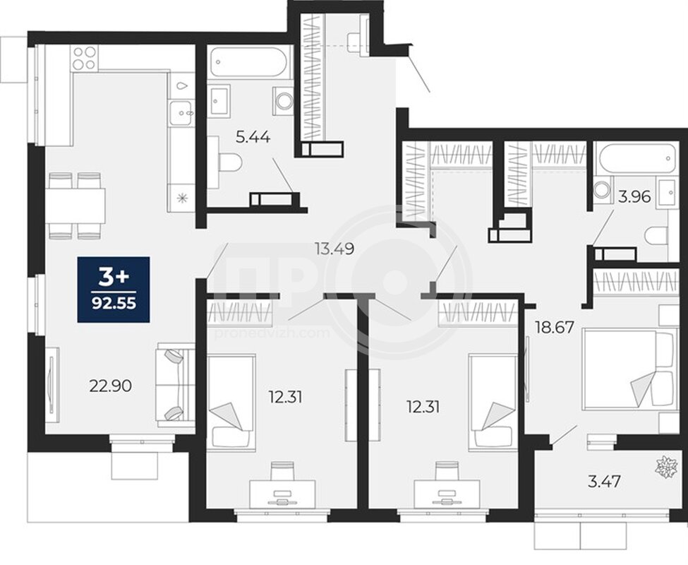 3-комнатная квартира, 92.55кв.м