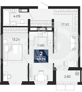 Миниатюра 2-комнатная квартира, 49.76кв.м