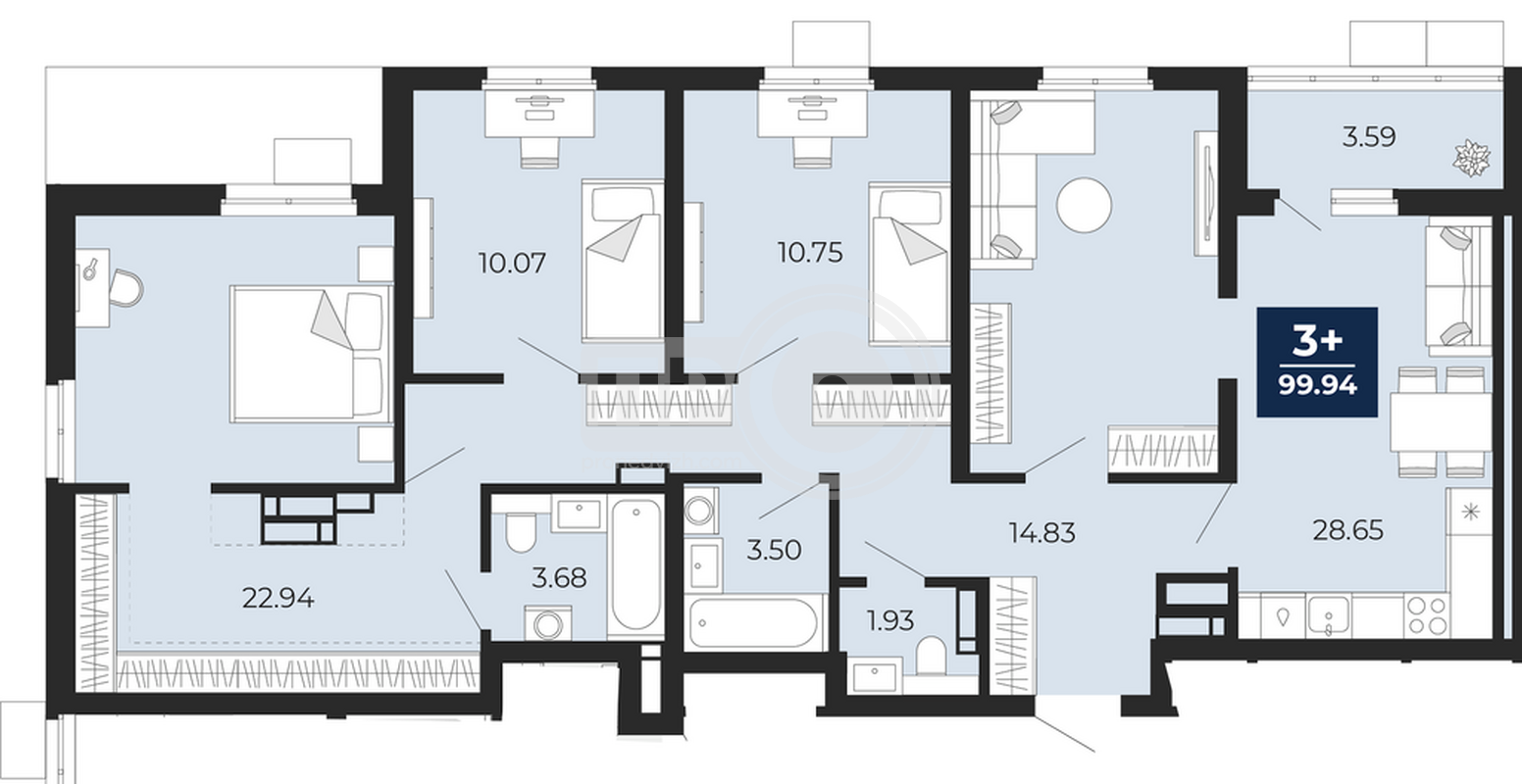 3-комнатная квартира, 99.94кв.м