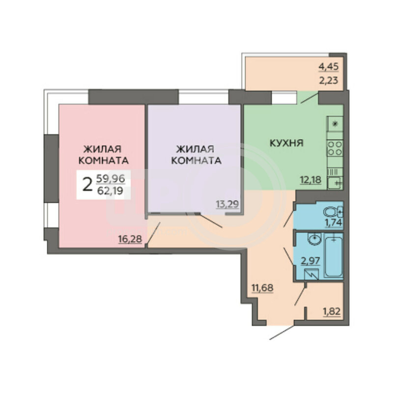 2-комнатная квартира, 62.72кв.м