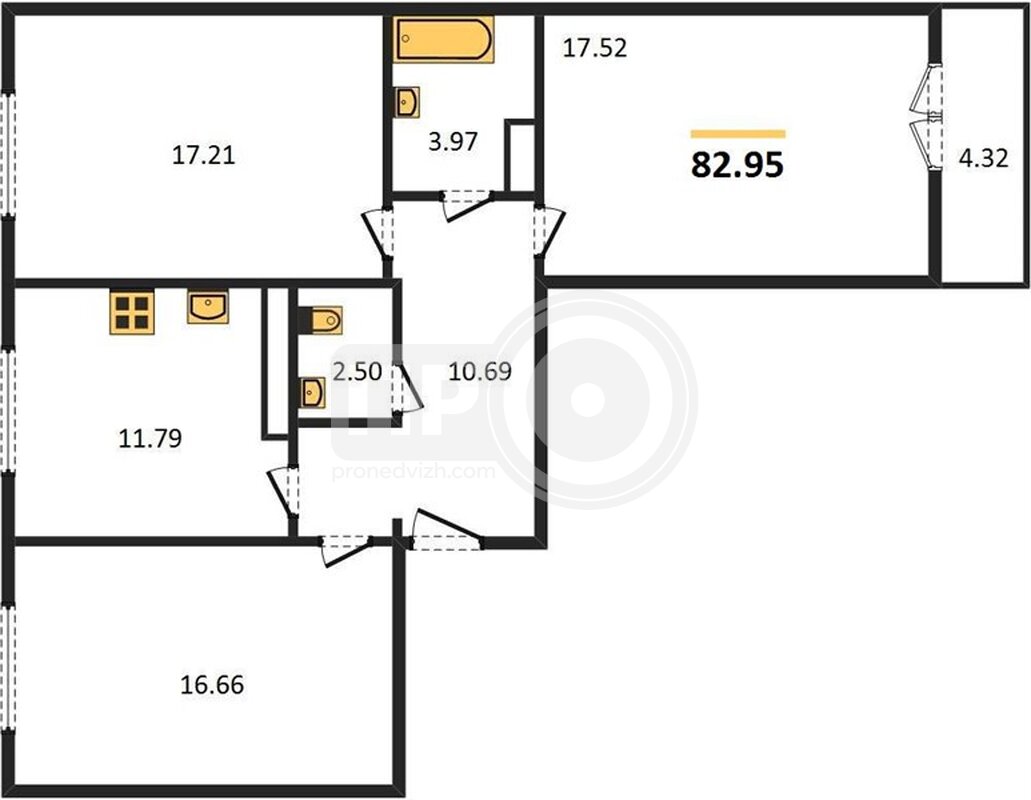 3-комнатная квартира, 82.95кв.м