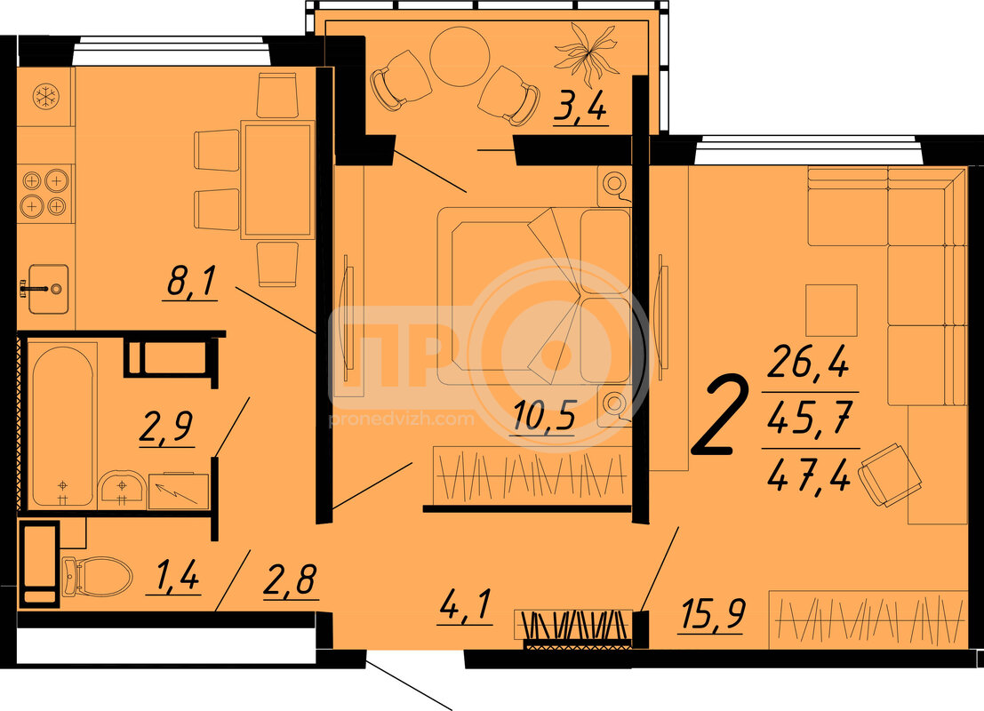 2-комнатная квартира, 47кв.м