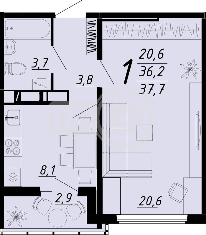 1-комнатная квартира, 37.6кв.м