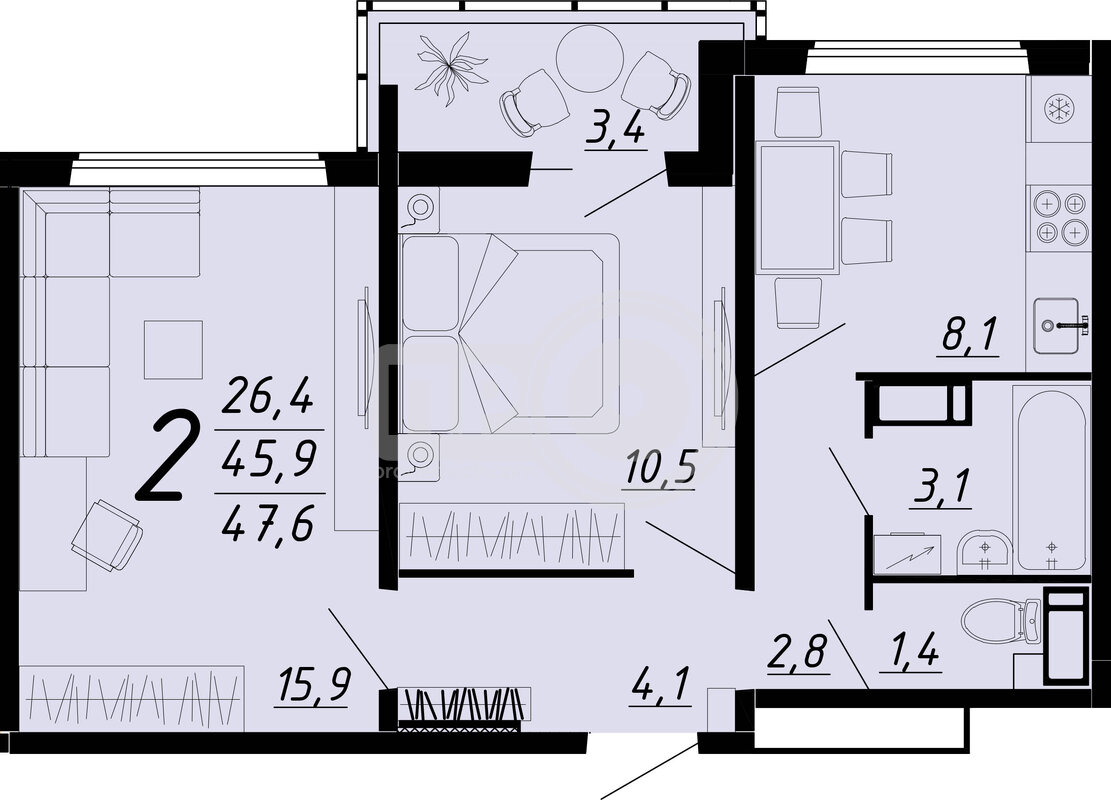 2-комнатная квартира, 47.1кв.м