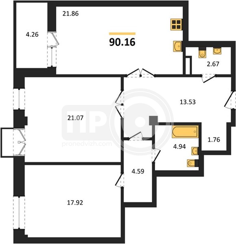 2-комнатная квартира, 90.16кв.м