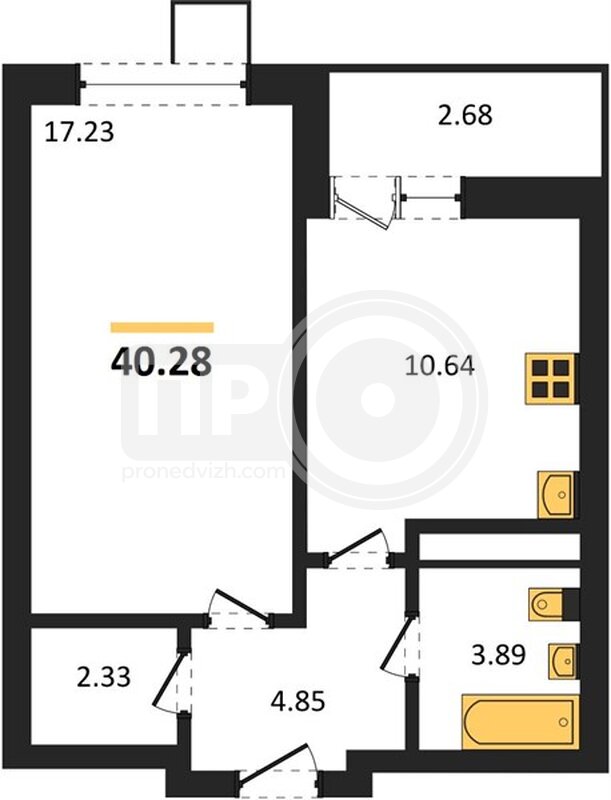 1-комнатная квартира, 40.28кв.м