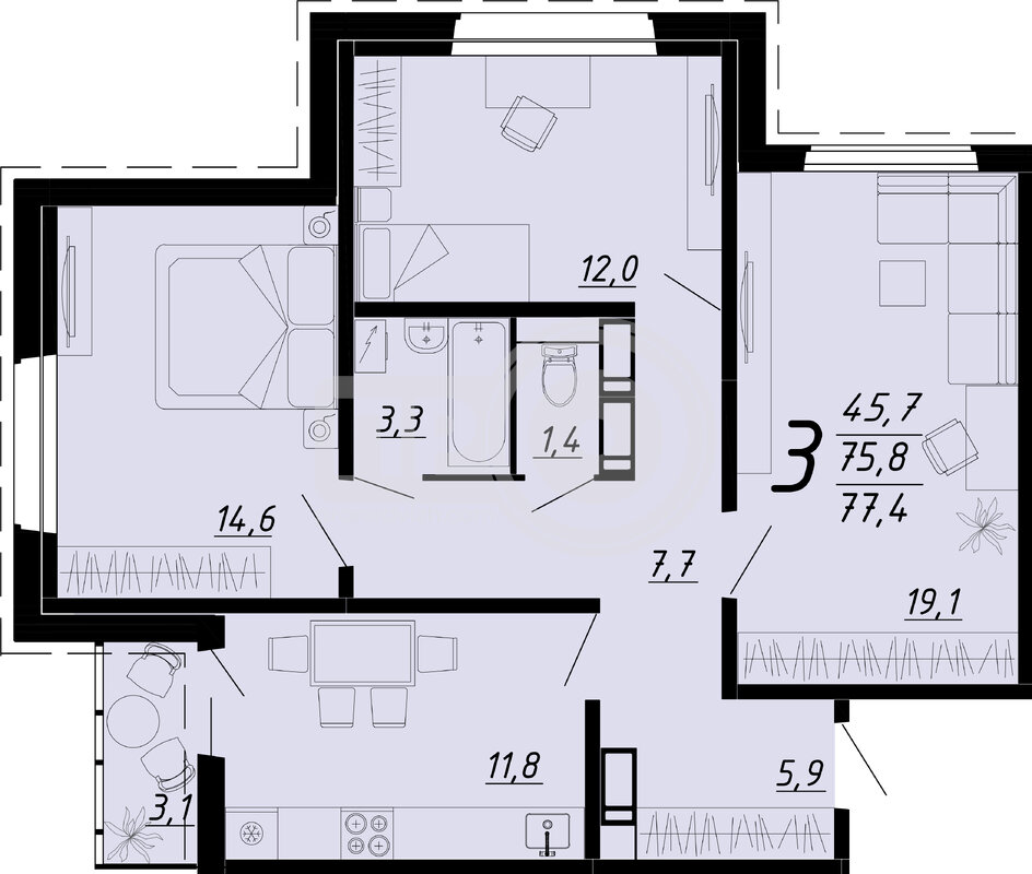 3-комнатная квартира, 77.3кв.м