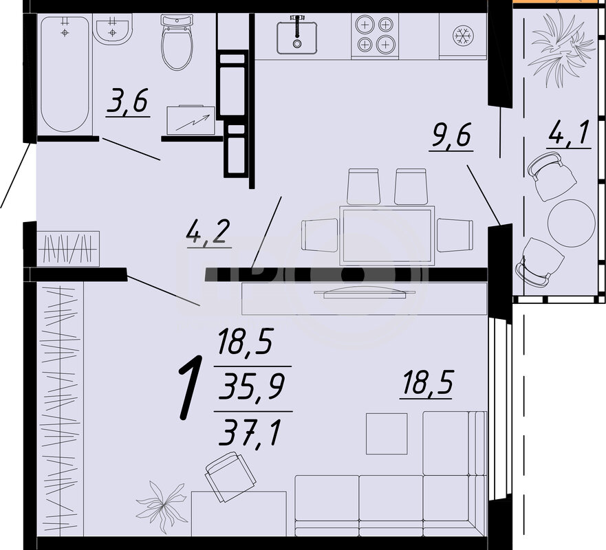 1-комнатная квартира, 37кв.м