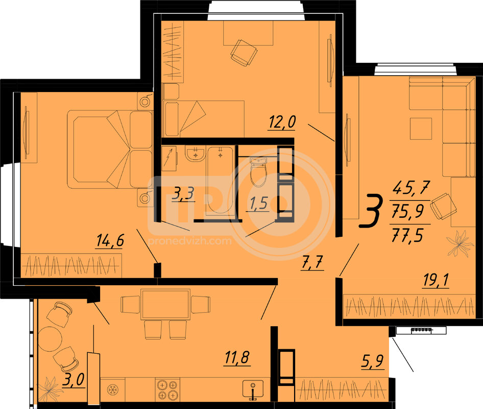 3-комнатная квартира, 77.6кв.м