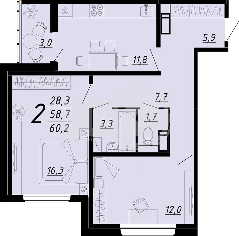 2-комнатная квартира, 60.1кв.м