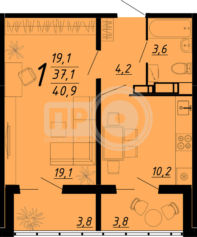 1-комнатная квартира, 40.6кв.м