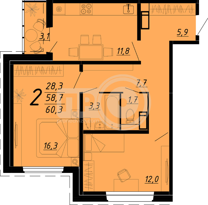 2-комнатная квартира, 60.4кв.м