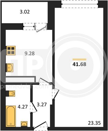 Миниатюра 1-комнатная квартира, 41.68кв.м