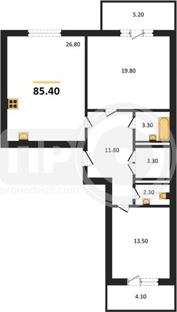 Миниатюра 2-комнатная квартира, 85.3кв.м