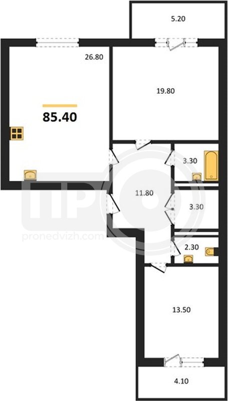 2-комнатная квартира, 85.3кв.м