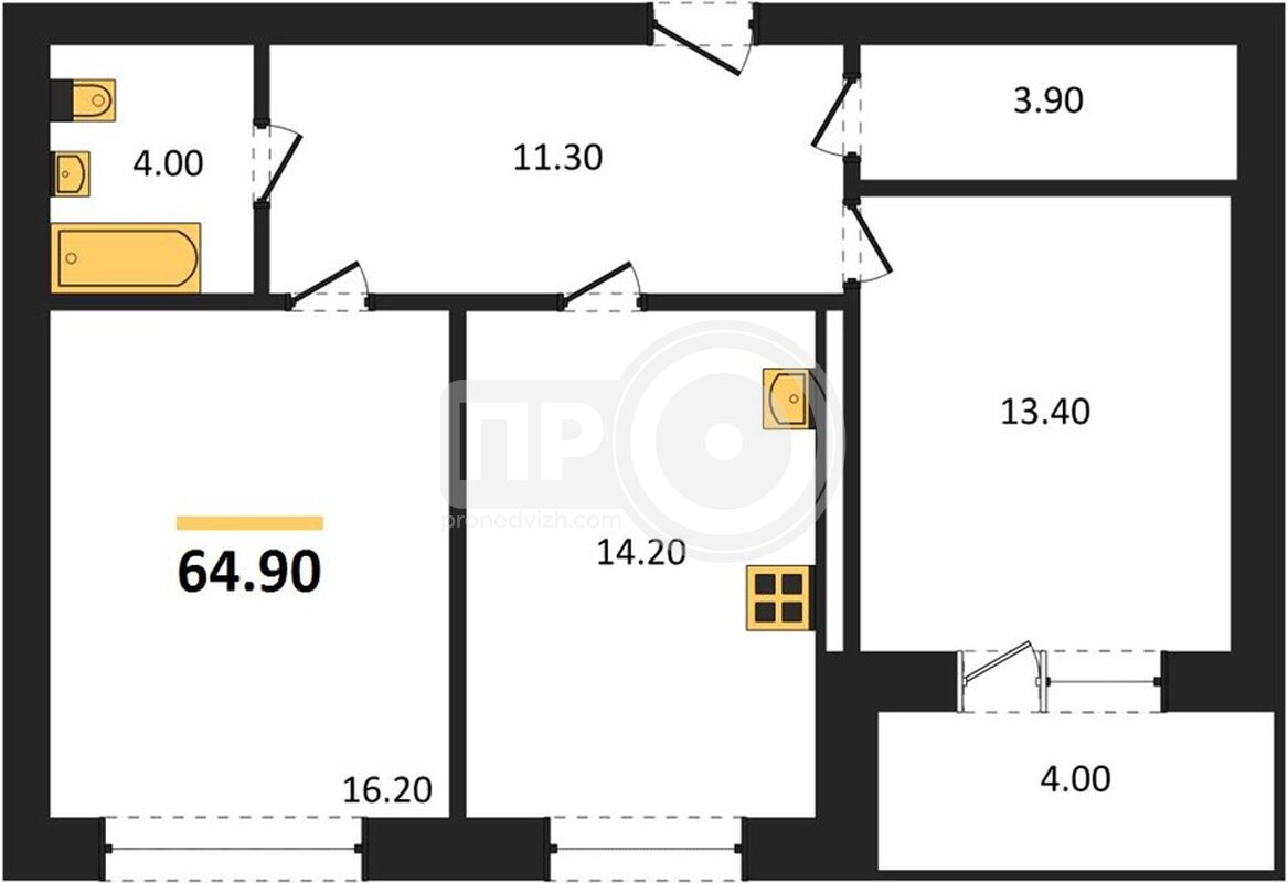 2-комнатная квартира, 64.9кв.м