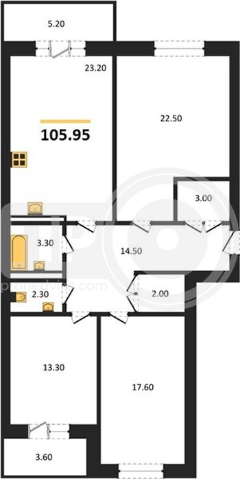 Миниатюра 3-комнатная квартира, 105.95кв.м