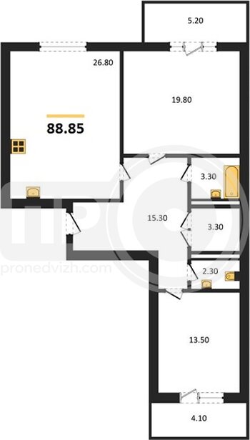 Миниатюра 2-комнатная квартира, 88.85кв.м