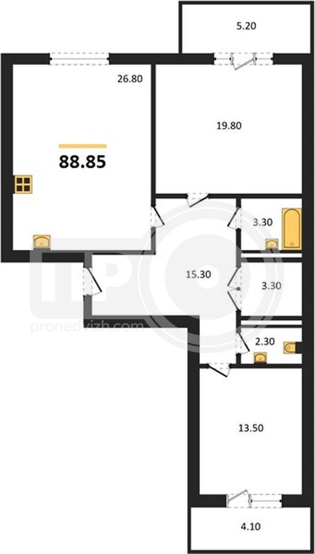 2-комнатная квартира, 88.85кв.м