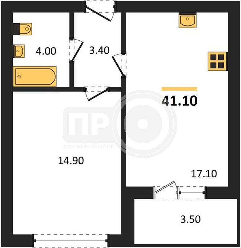 1-комнатная квартира, 41кв.м
